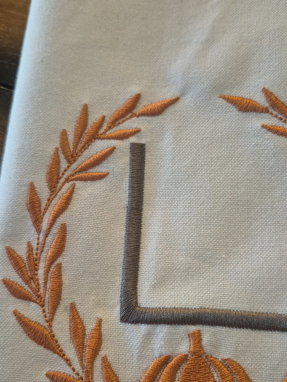 Linen Fall Kitchen Guest Room Tea Towel Initial L Pumpkin Orange Vine Embroidery